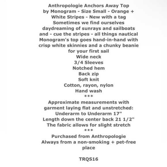 Anthropologie Nautical Top Small Striped 3/4 Sleeves Wide Neck Split Hem NWT - Picture 2 of 12